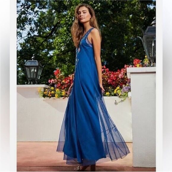 Johnny Was Blue Maxi Dress with Floral Embroidery - Picture 3 of 5